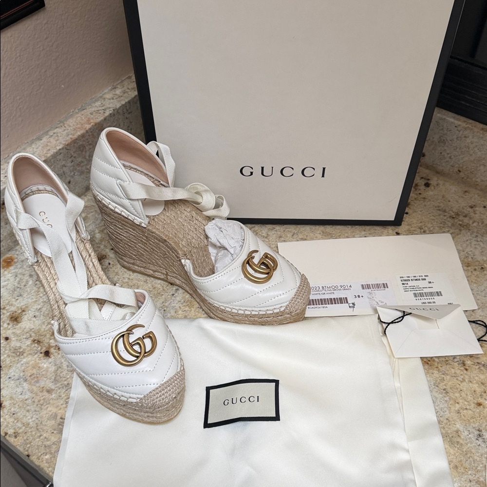 NEW GUCCI White Leather Marmont GG Charlotte Espadrille Wedge Sandals 38.5 - Picture 5 of 17
